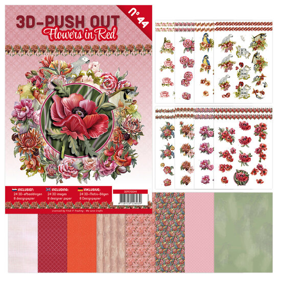 3D Push-Out Boek 44 - Bloemen in rood 3DPO10044