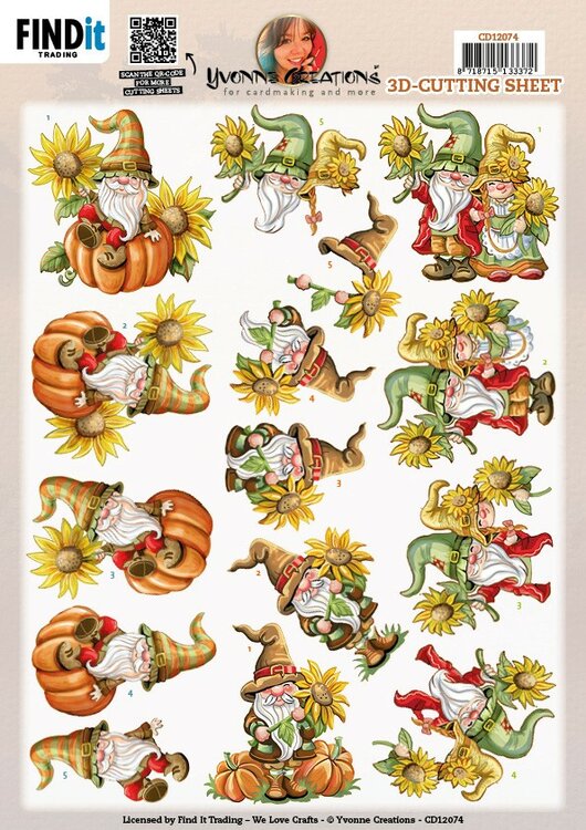 3D Cutting Sheet - Yvonne Creations - Gnomes Sunflower CD12074
